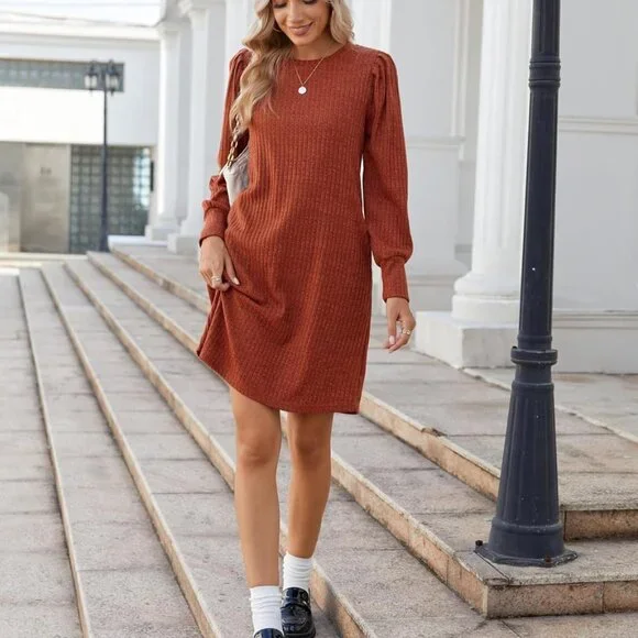 Caramel Women's Knit Dress with Puff Sleeves - Perfect for Fall & Winter - Picture 5 of 6